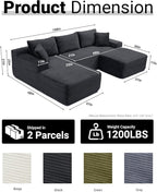 108 Inch Cloud Sectional Couch,Modern Modular Sectional Sofa with Deep Seat,Corduroy Boneless Couches with L-Shape Chaise for Living Room,No Assembly Required (Black, Left Facing Chaise + Ottoman)
