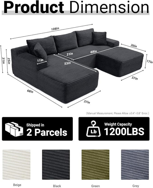 108 Inch Cloud Sectional Couch,Modern Modular Sectional Sofa with Deep Seat,Corduroy Boneless Couches with L-Shape Chaise for Living Room,No Assembly Required (Black, Left Facing Chaise + Ottoman)
