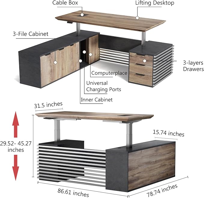 86.61" L Shaped Standing Executive Desk and 63" lateral File Cabinet, Large Adjustable Heigh Office Computer Desk with 3 Drawers,2.3" Desktop,Business Workstation,Black and Warm Oak