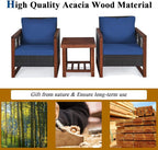 COSTWAY 3 Pieces Wicker Patio Furniture Set, Outdoor Wicker Sofa with Acacia Wood Frame, Coffee Table & Washable Cushions, Rattan Conversation Sets for Yard, Porch Bistro Balcony, Backyard, Navy Blue