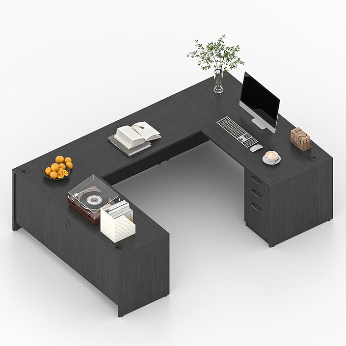 100.4" U-Shaped Executive Computer Desk with Lockable File Cabinets, Large Home Office or Business Workstation with Drawers, Cable Management (Gray)