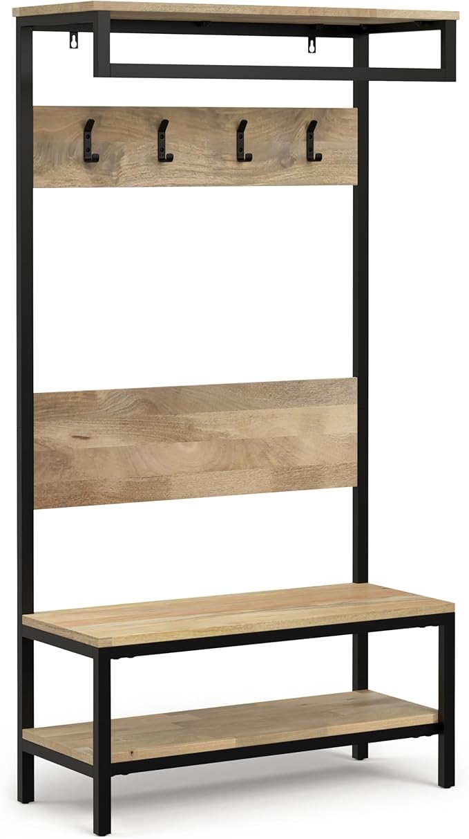 SIMPLIHOME Westmont Hall Tree Bench - 40 inch Wide Solid Mango Wood Entryway Seat in Natural, Industrial Bench for Entryway or Hallway with Metal Frame, Coat Hooks and Open Shelf
