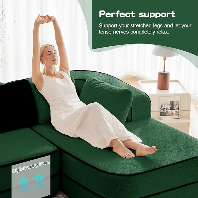 Cloud Sectional Sofa Modern Boneless Couch for Living Room, Comfy Deep Seat Comfy Teddy Fabric Double Sofa Chaise No Assembly Required (Green, 106" L Shape with Right Facing)