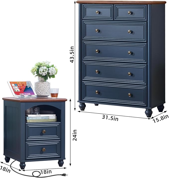 Dressers and Night Stand Set of 3, Wood 43.5" Tall Dresser and 18" Wide with Charging Station Chest of Drawers, Roman Column Nightstand Set of 2, Bedroom Furniture Dresser Suites for Home Living Room