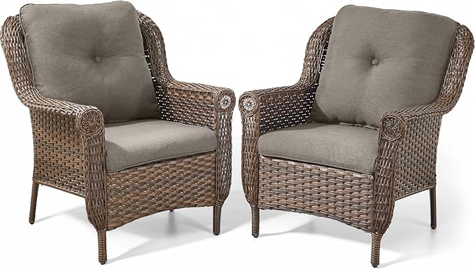Patio Wicker Chairs Outdoor Furniture Chair - Set of 2 Outside All Weather Lawn Dining Brown Rattan Armchair with High Back&Deep Seating for Deck Porch Balcony Backyard Garden - Grey