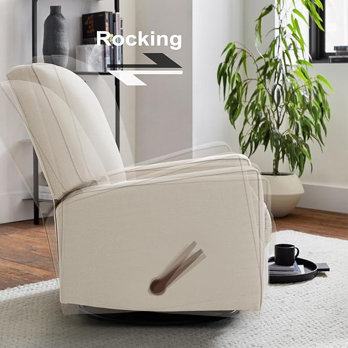 Harkawon Swivel Rocker Recliner Chair, Glider Rocker Recliner, Rocking Chair Nursery, Fabric Chair with High Back, Deep Seat, for Living Room, Bedroom, Beige+Brown