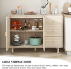 Beige Sideboard Cabinet with 2 Rattan Doors and 3 Drawers, Rattan Buffet Cabinet with Adjustable Shelves & Pine Legs, Boho Sideboard Buffet for Living Room, Kitchen, Entryway, Beige