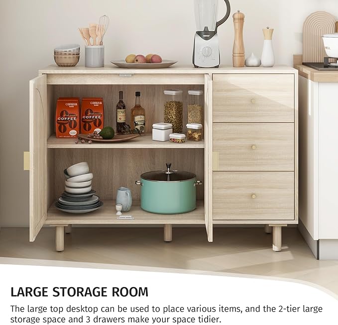 Beige Sideboard Cabinet with 2 Rattan Doors and 3 Drawers, Rattan Buffet Cabinet with Adjustable Shelves & Pine Legs, Boho Sideboard Buffet for Living Room, Kitchen, Entryway, Beige