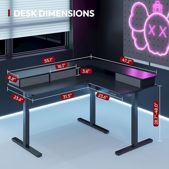 SANODESK 71" L Shaped Standing Desk with 4 Drawers, Height Adjustable Stand up Desk, Corner Gaming Desk with Monitor Stand, Black Frame/Black Top