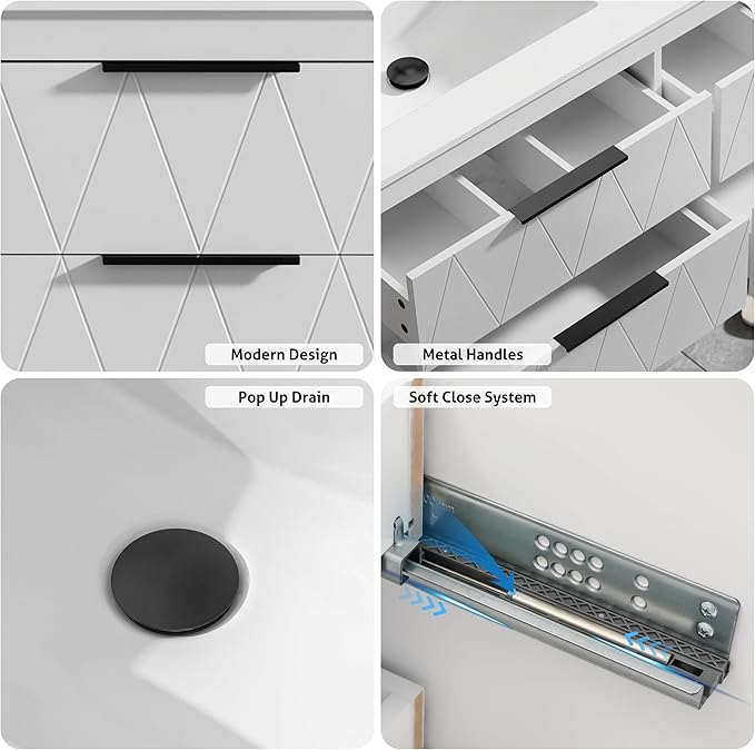 eclife 48" Bathroom Vanities Cabinet with Sink Combo, Wall Mounted Floating Cabinet W/Decor Line, Soft-Close System, 4 Extra Big Drawers, Matte Black Faucet, White