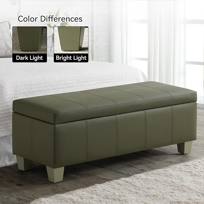 51" Faux Leather Storage Ottoman, Stitch Tufted Rectangle Upholstered End of Bed Storage Bench, Entryway Large Couch Ottoman with Wooden Legs,Green