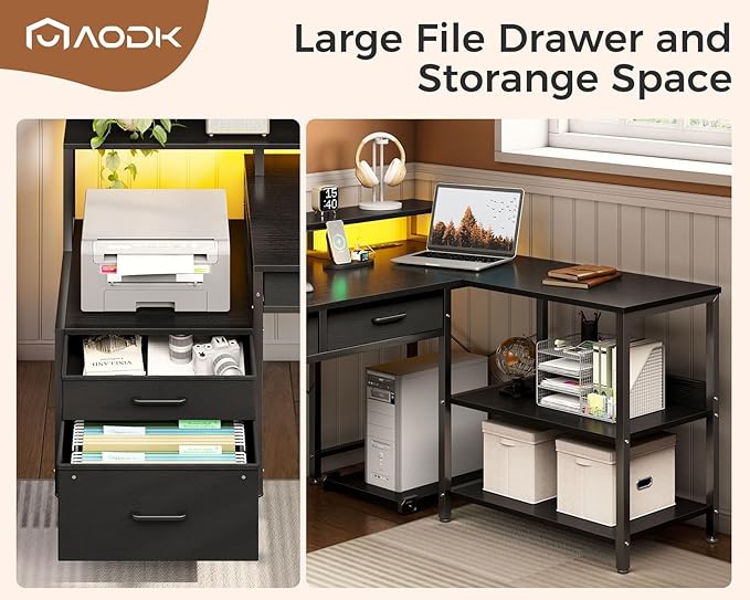 AODK L Shaped Desk with 5 File Drawers, 66" Reversible L Shaped Computer Desk with Power Outlet & LED Strip, Office Desk with Storage Shelves, Gaming Desk with Monitor Shelf, Corner Desk, Black