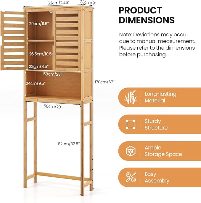 Giantex Over The Toilet Storage Cabinet, 4-Tier Bamboo Bathroom Space Saver with 2 Louver Doors, Open Shelf, Adjustable Bottom Bar, Over Toilet Bathroom Organizer for Laundry, Balcony, Restroom