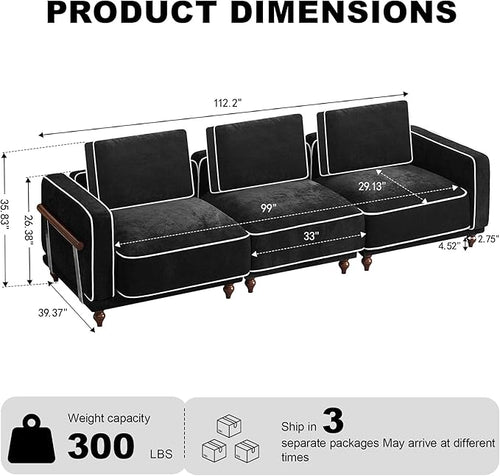 112" Cloud Modular Sectional Sofa,Oversized Deep 3 Seater Couch with Armrests Wooden Legs,Comfy Thicked Cushion Upholstered Sofa for Living Room Bedroom,Black