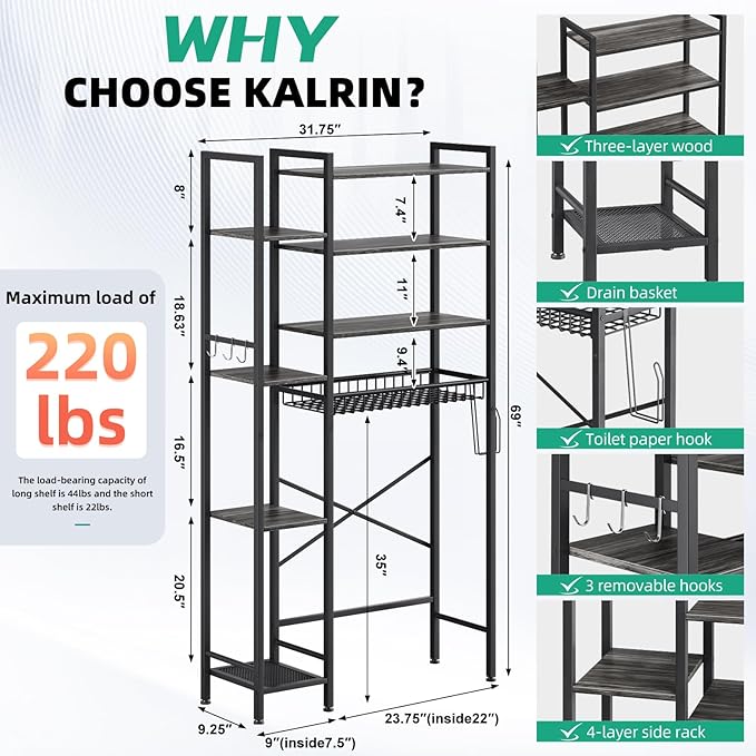 8-Tier Over The Toilet Storage with Side Rack, Over Toilet Storage Rack with Adjustable Shelf & Drain Basket, Freestanding Bathroom Organizer for Balcony, Laundry (Modern Grey)