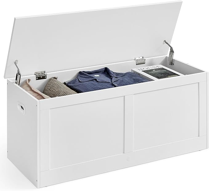VASAGLE Storage Chest, Storage Trunk with 2 Safety Hinges, Storage Bench, Shoe Bench, Farmhouse Style, 15.7 x 39.4 x 18.3 Inches, for Entryway, Bedroom, Living Room, Cloud White ULSB164W01
