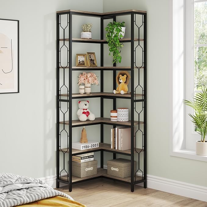 Tribesigns Corner Shelf, 7-Tier Industrial Corner Bookshelf, Wood and Metal Corner Etagere Bookcase, Freestanding Display Shelf for Living Room, Kitchen, Home Office, Gray