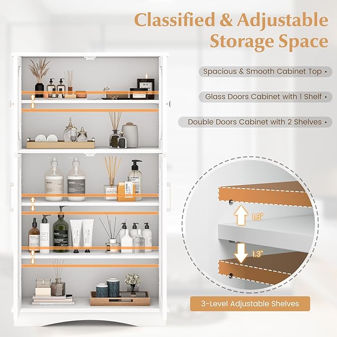 Tangkula Freestanding Floor Cabinet w/2 Glass Doors, 3-Level Adjustable Shelves, Anti-toppling, Kitchen Pantry Cupboard for Bathroom & Living Room (White)