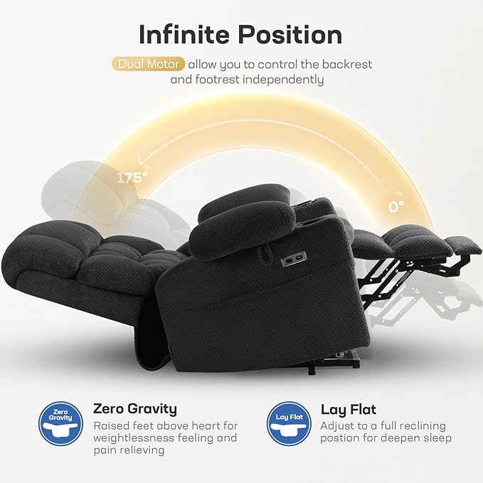 Tami Tami Dual Motor Power Lift Chair Recliner for Elderly with Massage and Heat, Infinite Position Electric Lift Recliner with Adjustable Headrest, USB (T6015 - Plush Fabric, Medium, Dark Gray)