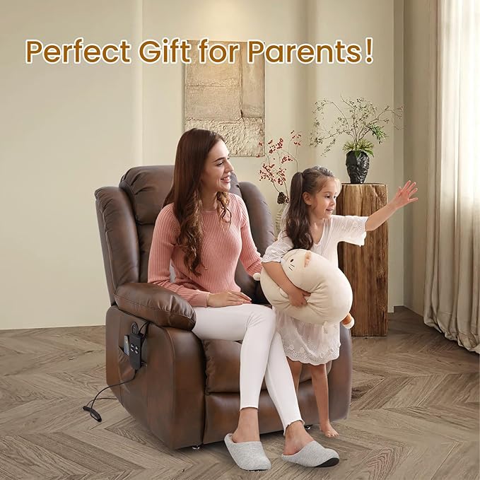 TEKAMON Power Lift Recliner Chair for Elderly with Heat & Massage, Dual Motor Breathable Leather Recliner, Lay Flat Sleeping Chairs with Infinite Position, Remote Control & USB Ports(Ochre, Extended)