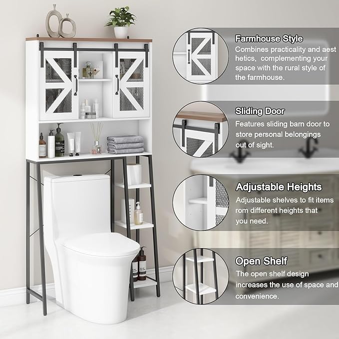 Over The Toilet Storage Cabinet, Farmhouse Storage Cabinet Over Toilet with 2 Sliding Barn Door，Home Space-Saving Toilet Rack, for Bathroom, Restroom, Laundry(White).