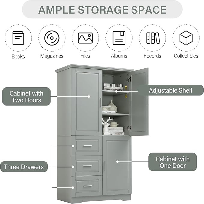 P PURLOVE Bathroom Storage Cabinet with 3 Drawers,Tall and Wide Bathroom Cabinet Standing,Wood Freestanding Tall Bathroom Cabinet for Kitchen,Living Room