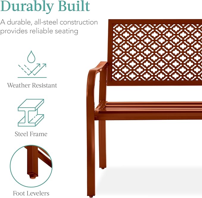 Best Choice Products Outdoor Bench 2-Person Metal Steel Benches Furniture for Garden, Patio, Porch, Entryway w/Geometric Backrest, 790lb Capacity - Rust