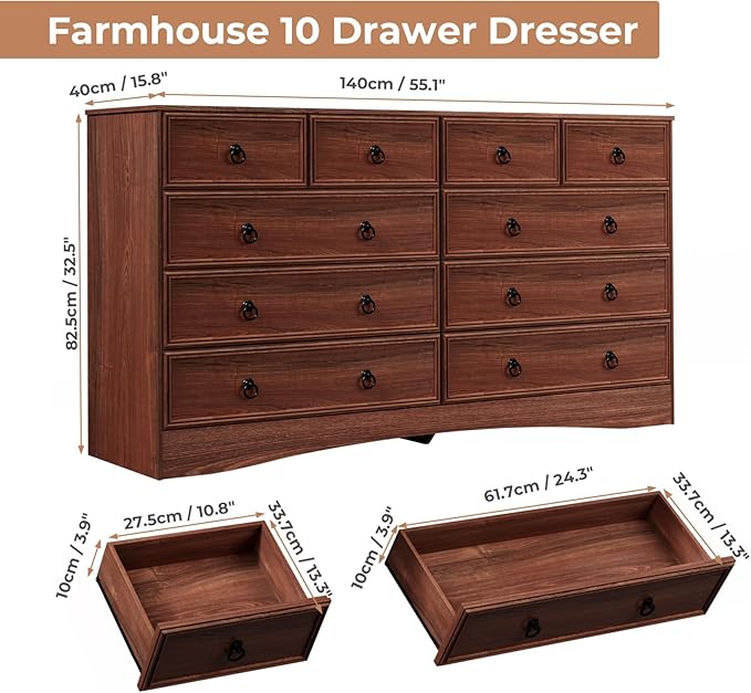 10 Drawers Dresser for Bedroom, 55.2 Inches Large Dressers Mid Century Modern Cherry Wood Chest of Drawers,Storage Organizer Furniture, Hallway, Entryway, Closet, Cherry Wood