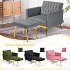 Velvet Accent Chair with Adjustable Armrests and Backrest, Button Tufted Lounge Chair, Single Recliner Armchair with Ottoman and Pillow for Living Room, Bedroom, Grey