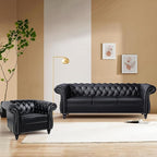 2 Piece Living Room Sofa Set, 3 Seater Faux Leather Sofa Couch and Chair Set, Mid Century Modern Upholstered Couch with Cushions, Vintage Comfy Tufted Chesterfield Couches for Bedroom, Office (Black)