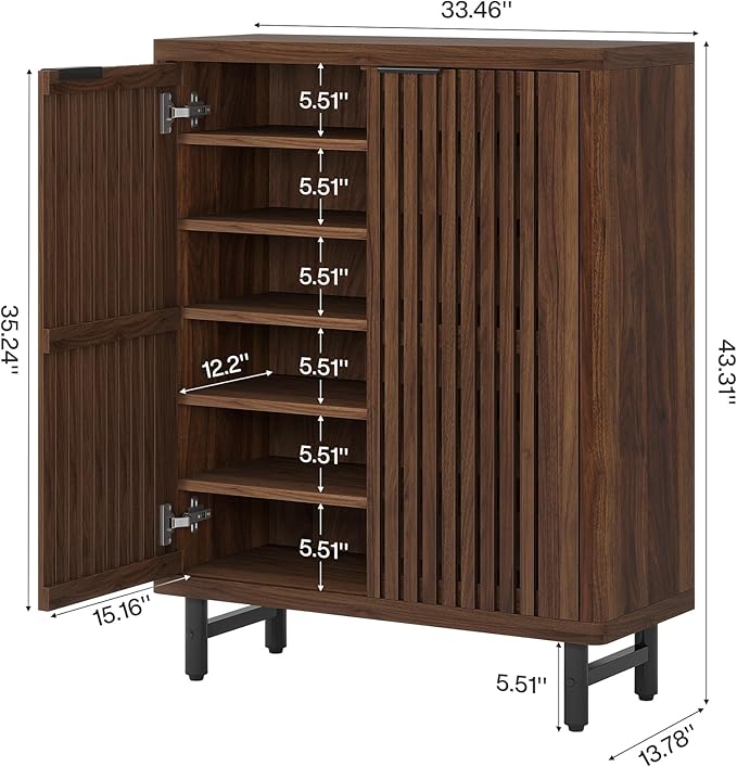 Tribesigns Shoe Cabinet with Shutter Doors, 6-Tier Entryway Shoe Cabinet with Adjustable Shelves, Wooden Modern Rack Organizer for Entryway, Hallway, Closet, Living Room, Dark Walnut