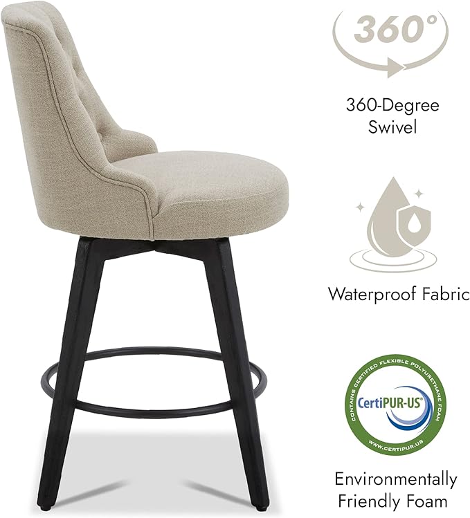 Watson & Whitely Counter Height Bar Stools, Performance Fabric Upholstered Modern Swivel Barstool with Back, Solid Wood Legs, 26" H Seat, Tan