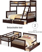 Merax Wood Bunk Bed with Two Drawers,Convertible Wood Bunk Bed with Ladders and Two Storage Drawers,Solid Wood Detachable Bed Frame with Ladders, Twin Over Full Size, Espresso