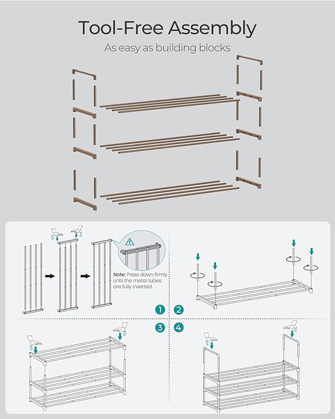 SONGMICS Shoe Rack, 3-Tier Shoe Organizer, Metal Storage Shelf, Upright or Upside Down, for 16-20 Pairs, Stackable, for Entryway, 11.8 x 36.2 x 21.7 Inches, Walnut Brown ULSA303K01