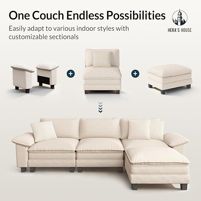 HERA'S HOUSE 158" Modular Sectional Sofa, Oversized Couches for Living Room, Comfy Cloud Couch 4-Seater Deep Seat Sofa with Throw Pillow, Chenille Beige
