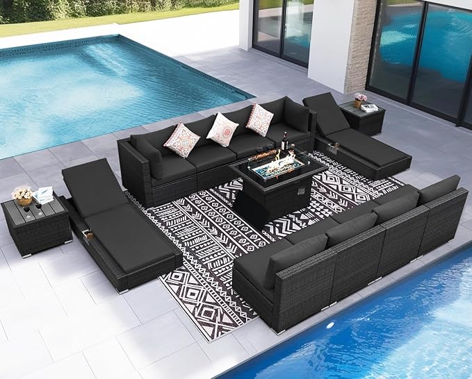 NICESOUL 13 Piece Patio Furniture Set with Fire Pit Table, Luxury Wicker Outdoor Sectional Sets with Loungers, Comfortable Highback Extra Large Size Wide Deep Seating Group Sofa for Outside, Dark Gray