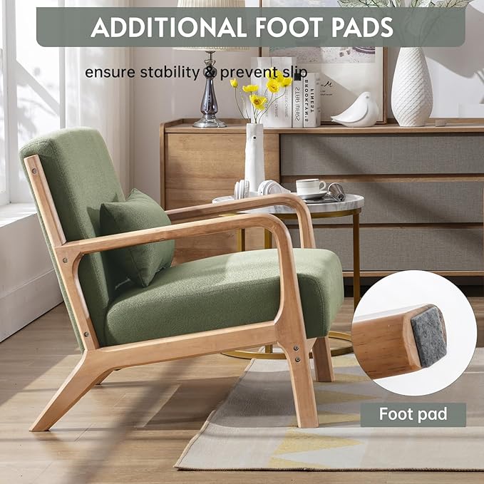ANJ ANJHOME Mid Century Modern Accent Chair, Comfy Fabric Reading Chair with Solid Wood Frame, Easy Assembly Armchair for Living Room Blackish Green