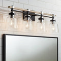 Possini Euro Design Broadway Modern Industrial Wall Light Black Painted Faux Wood Hardwired 32" 4-Light Fixture Clear Seedy Glass Shade for Bedroom Bedside Bathroom Vanity Living Room Hallway House
