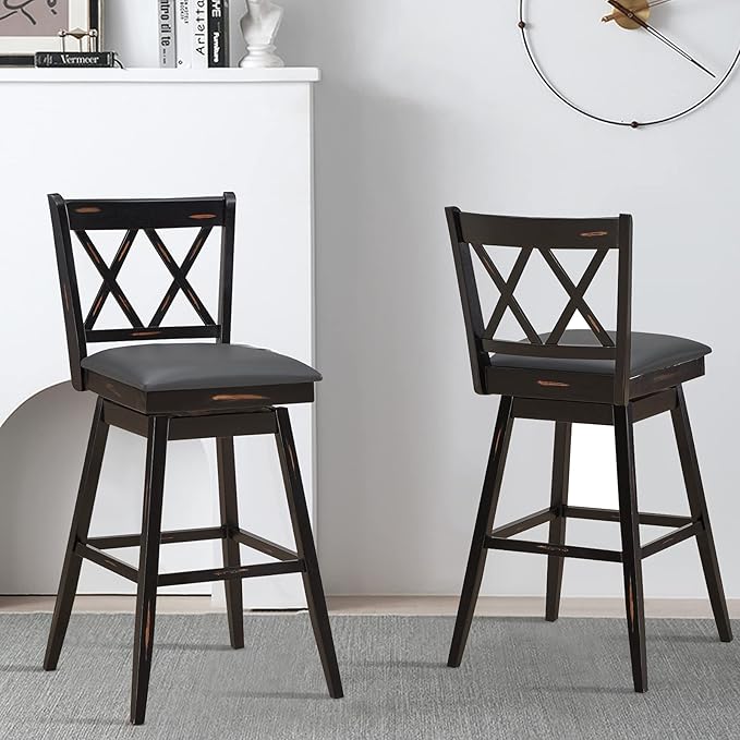 COSTWAY Bar Stool Set of 2, 360 ° Swivel Bar Height 29.5 inch Bar Stool with Foot Rest Upholstered Cushion & Ergonomic Backrest, Sturdy Frame, for Pub, Restaurant, Home (2, Black + Grey)