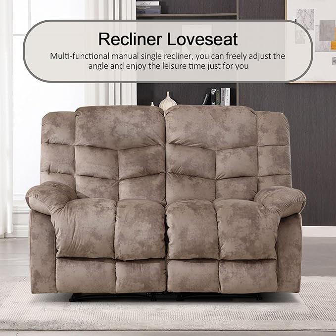 CANMOV Manual Loveseat Recliner, 2 Seat Recliner Sofa Chair with Armrest and Overstuffed Backrest, Couch Set for Living Room, Bedroom, Office, Light Brown
