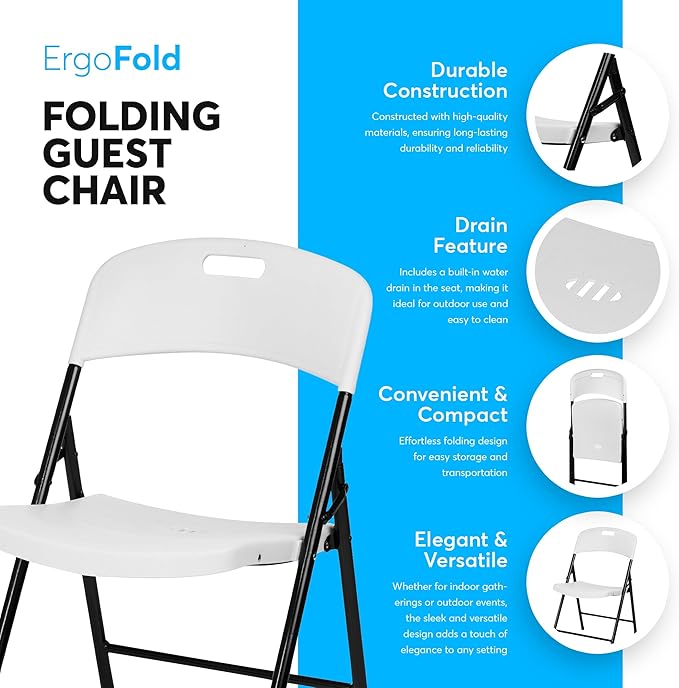 Oline Folding Chair, Indoor Outdoor Plastic Commercial Stackable Foldable Guest Chairs for Events Office Wedding Party Picnic Kitchen Dining, 350lb Capacity (White, 6 Pack)