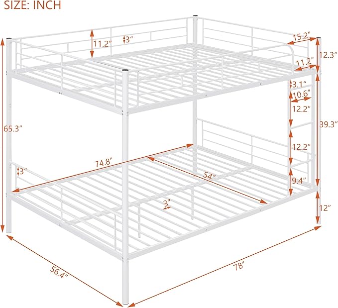 Merax Full Over Full Metal Bunk Bed with Ladder and high Guardrail, Able to Split, Storage Space, No Box Spring Needed, Noise Free, White