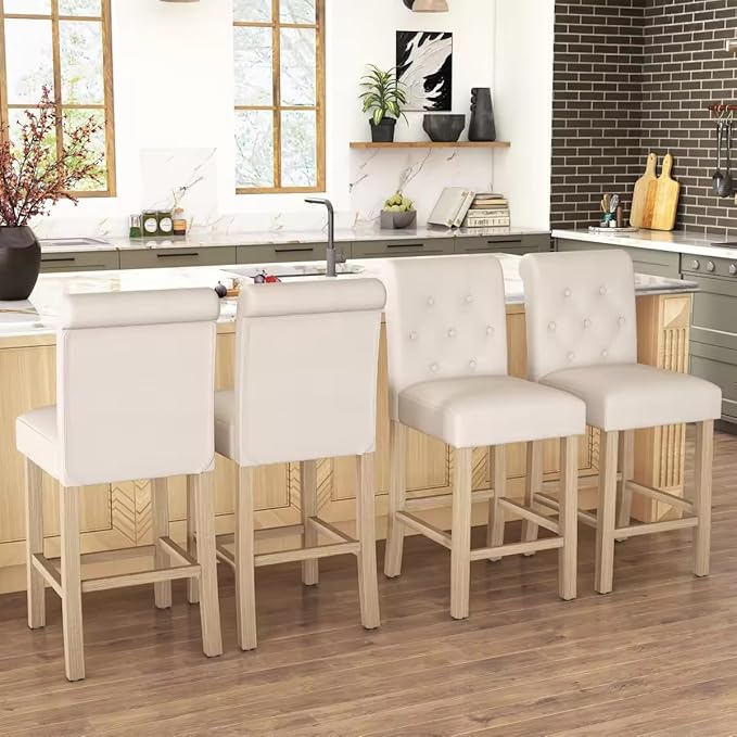 GOTMINSI 24" Bar Stools Set of 2 for Kitchen Island Upholstered Counter Height Bar Stools with Button Tufted Decoration Barstools Home Kitchen Island Wooden Bar Chairs Beige