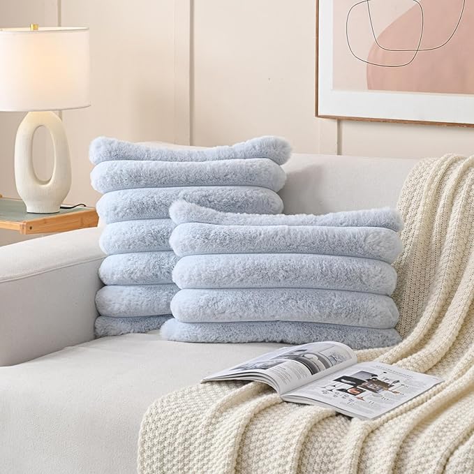 FUTEI Light Blue Decorative Throw Pillow Covers 18x18 Inch Set of 2, Square Soft Faux Rabbit Fur Thick Striped Cushion Cover,Winter Home Decor for Couch Bed Living Room