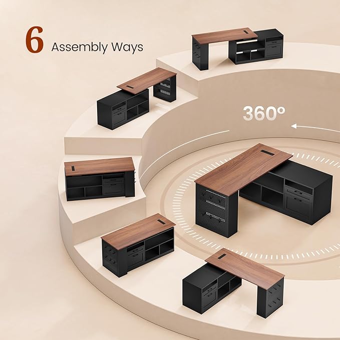 L Shaped Desk, 55" Reversible Office Desk with File Drawers & Storage Shelves, Modern Executive Desk with Power Outlets, Pegboard, 6 Hooks, Rotating Corner Computer Desk for Home Office, Walnut