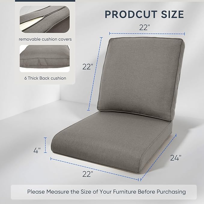 Patio Chair Cushions 6 Packs - Outside High Back Thick Water-Resistant Cushion 22x24 with Zipper Cover for Outdoor Glider Rocking Chairs Loveseat 3-Seater Couch Sofa – Grey/Regular