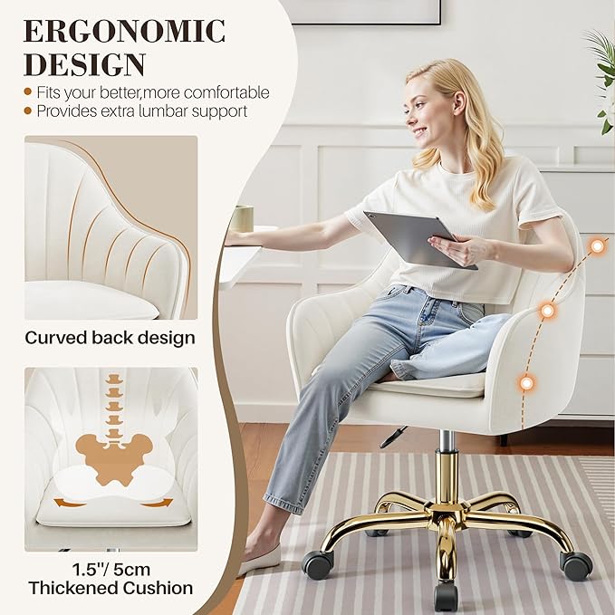 Comfy Home Office Desk Chairs Vanity Chair with Wheels Adjustable Modern Velvet Makeup Vanity Chairs for Bedroom Living Room（White）