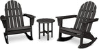 POLYWOOD Vineyard Adirondack 3-Piece Rocking Chair Set, Outdoor Patio Furniture with Side Table, HDPE All-Weather Porch Rockers, Fade-Proof, Black