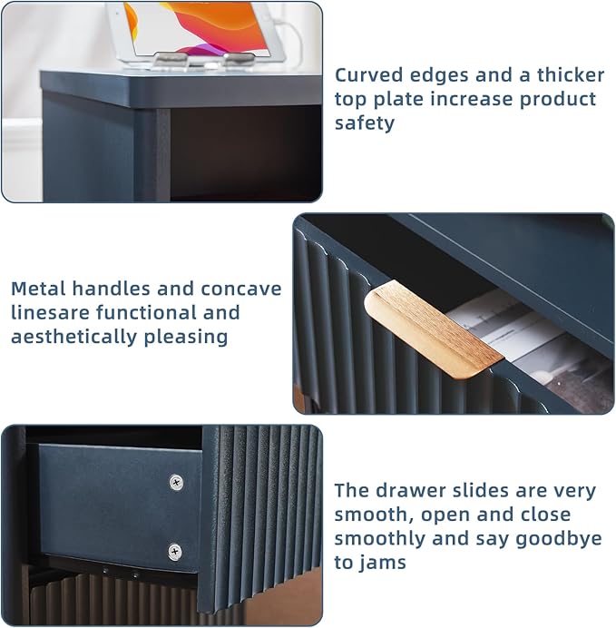 LEYAOYAO Fluted Nightstand with Charging Station, 23" Wide 2 Drawers End Table,Night Stand with Open Storage Cabinet, Farmhouse Bed Side Tables, Wood Dresser for Bedroom, Living Room, Closet, Blue