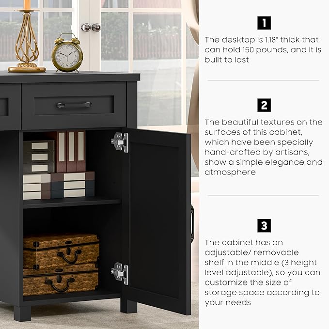 Farmhouse 47" Executive Desk, Computer Desk with Drawers and Storage Cabinet, Workstation Computer Desk for Home Office, Study.Pure Black